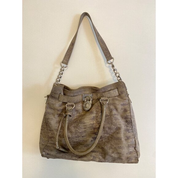 Michael Kors Distressed Gray Leather Satchel Bag W/ Chain Strap & Lock Accent - Picture 1 of 8